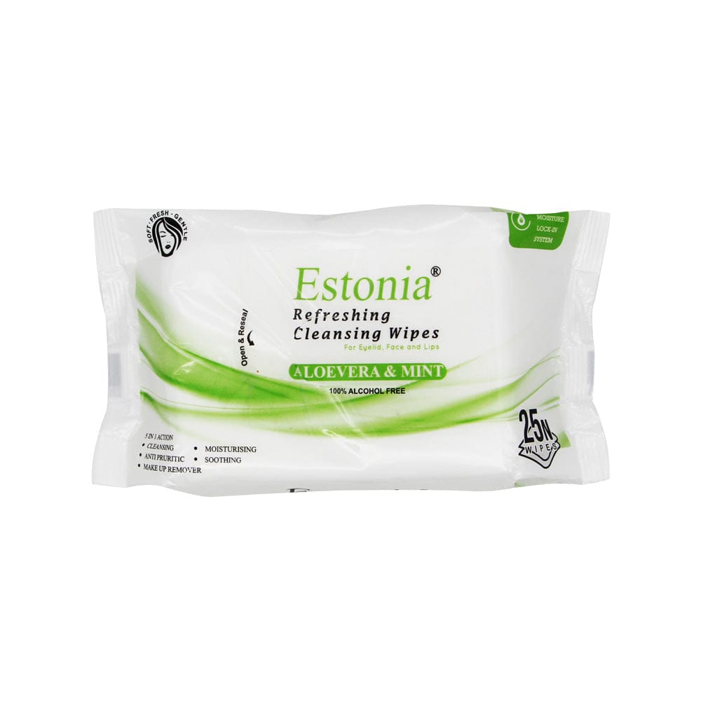 Estonia Refreshing cool wipes contain Aloe Vera, gently cleanse and remove impurities from the face, neck, and eyes. Leaving your skin feeling cool, refreshed, and thoroughly clean. 5 in 1 action and 100% Alcohol-Free Contains Aloe Vera and Vitamin E for deep cleansing